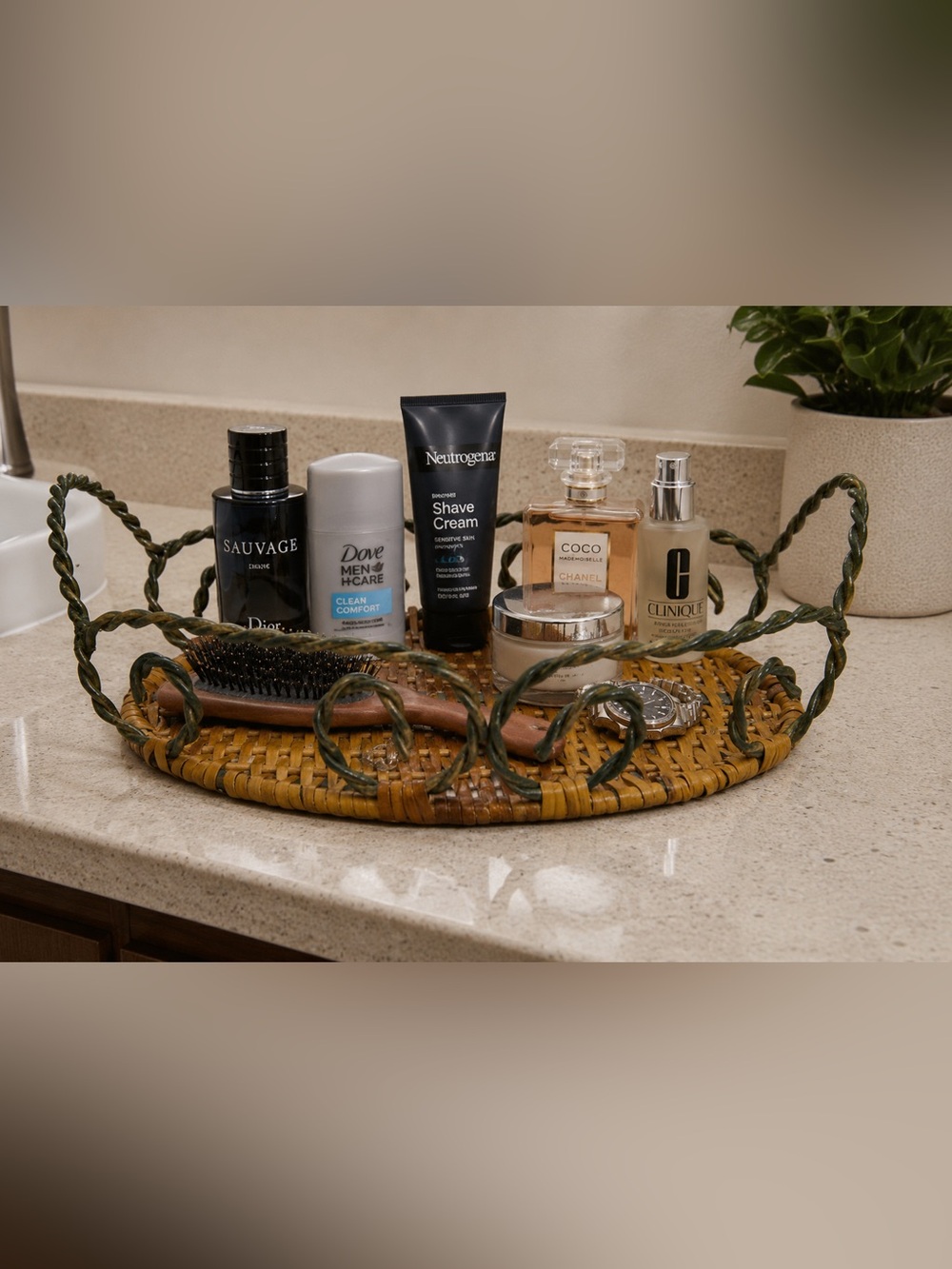Older Vintage Wicker Decorative Antiqued Iron Vanity Tray Basket  11x8 inch